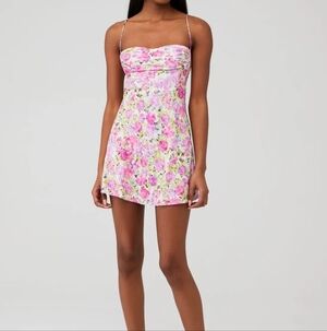NWT For Love & Lemons Paulina mini dress in a pink floral print Large